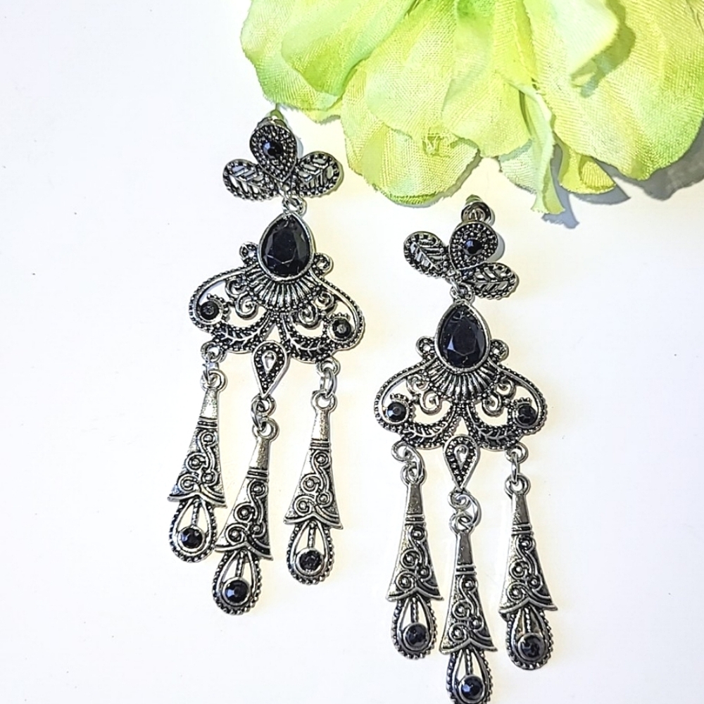 BLACK & SILVERTONE 3" LONG CHANDELIER STYLE EARRINGS - FOR PIERCED EARS